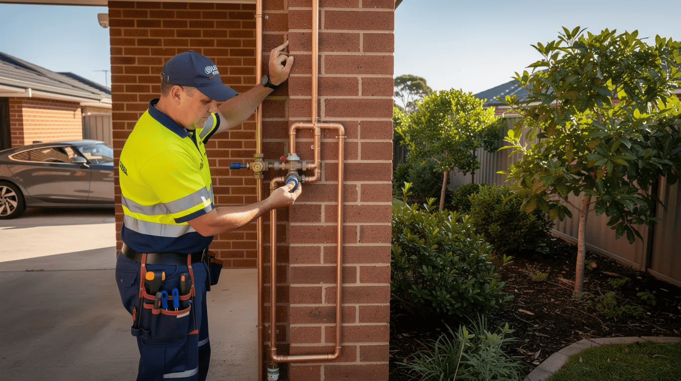 An Australian plumber in work gear inspecting copper pipes on the exterior wall of a brick suburban home in Kahibah, with a leafy garden visible in the background.