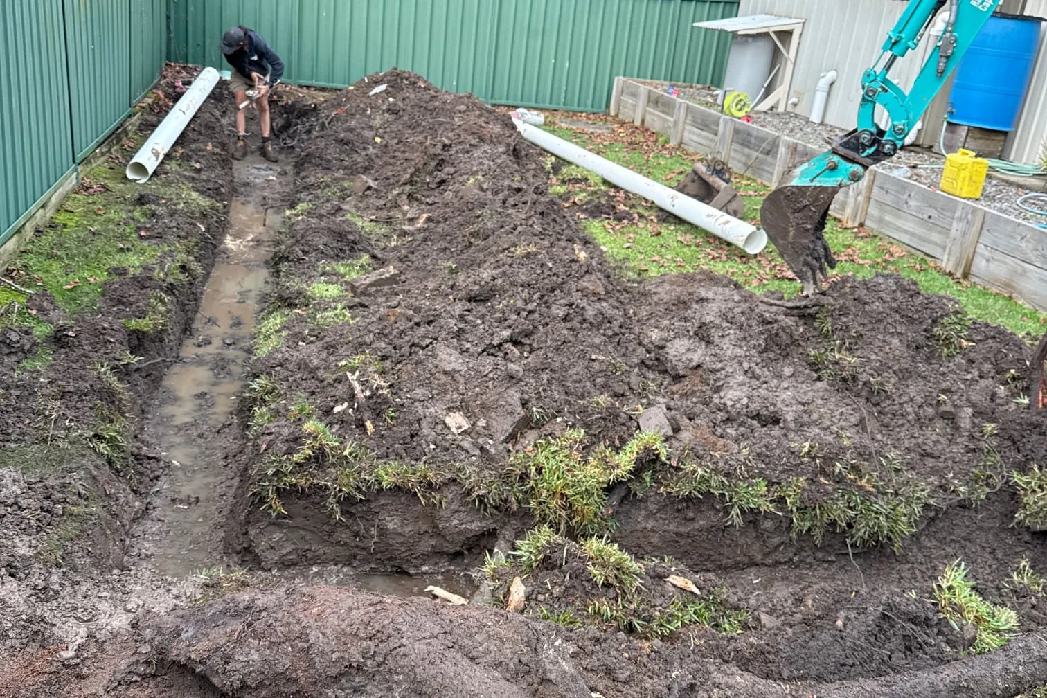 Trench cut through tree roots in a backyard